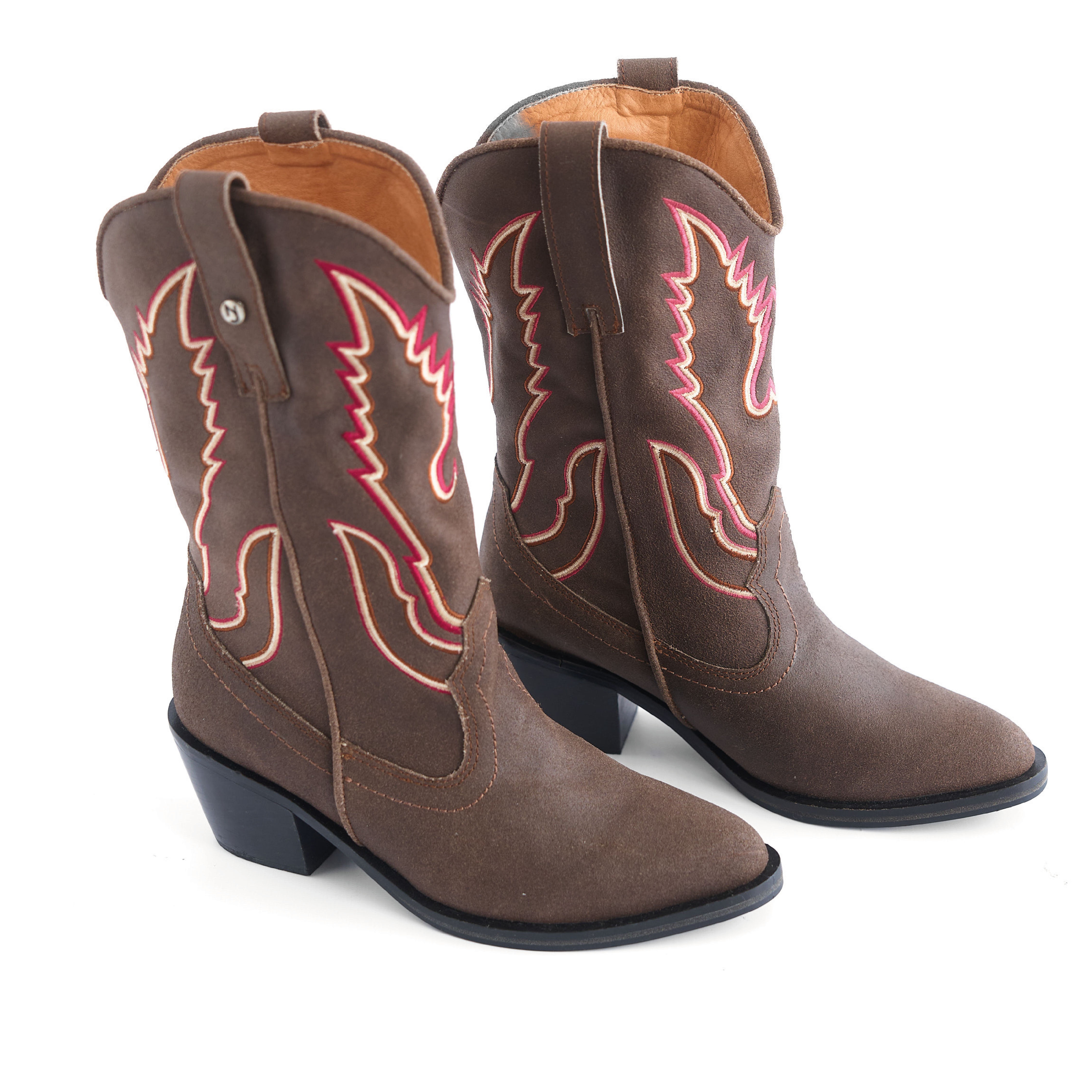 Botas Texanas de Gamuza Marrón con Bordado Rojo Vizio Moda