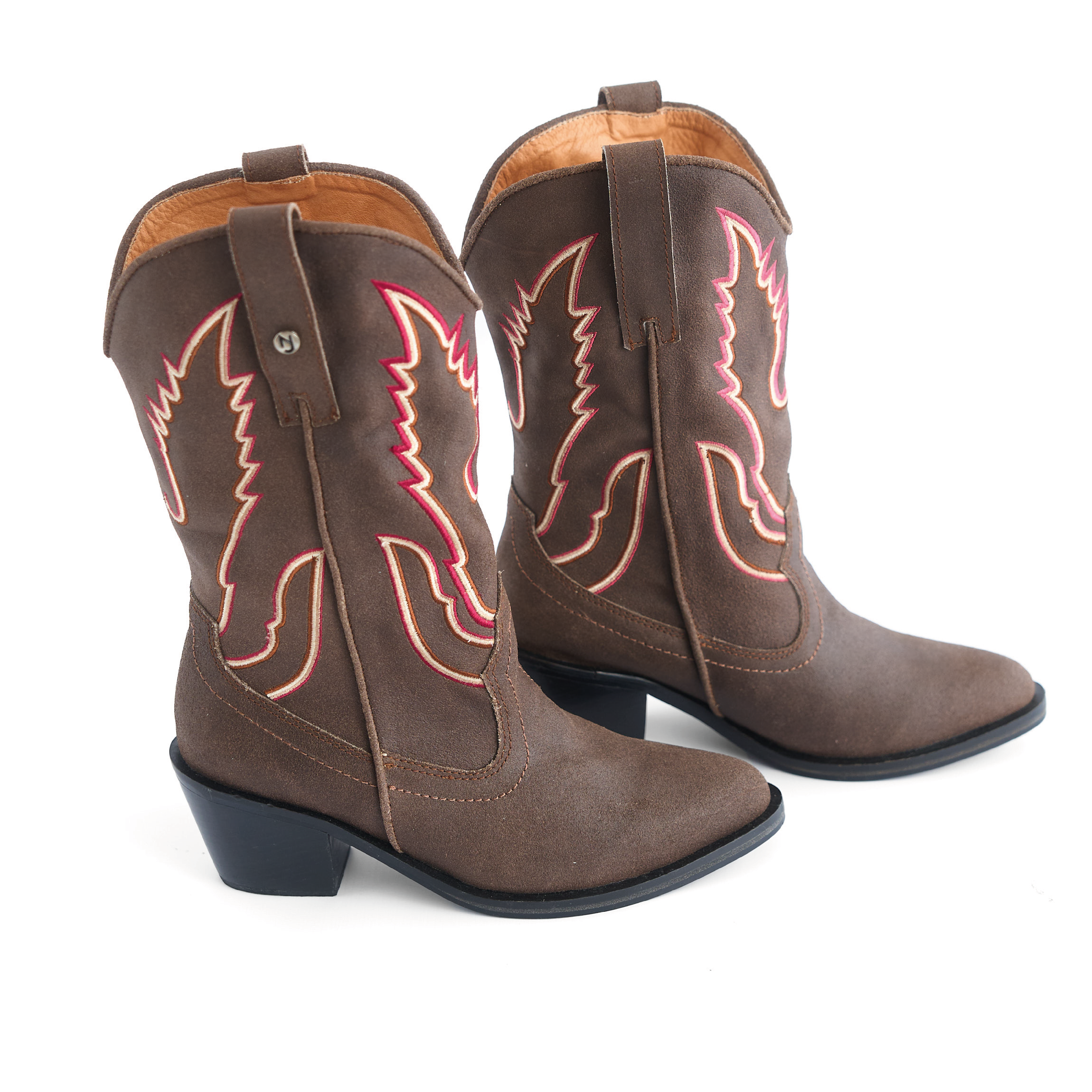 Botas Texanas de Gamuza Marrón con Bordado Rojo Vizio Moda