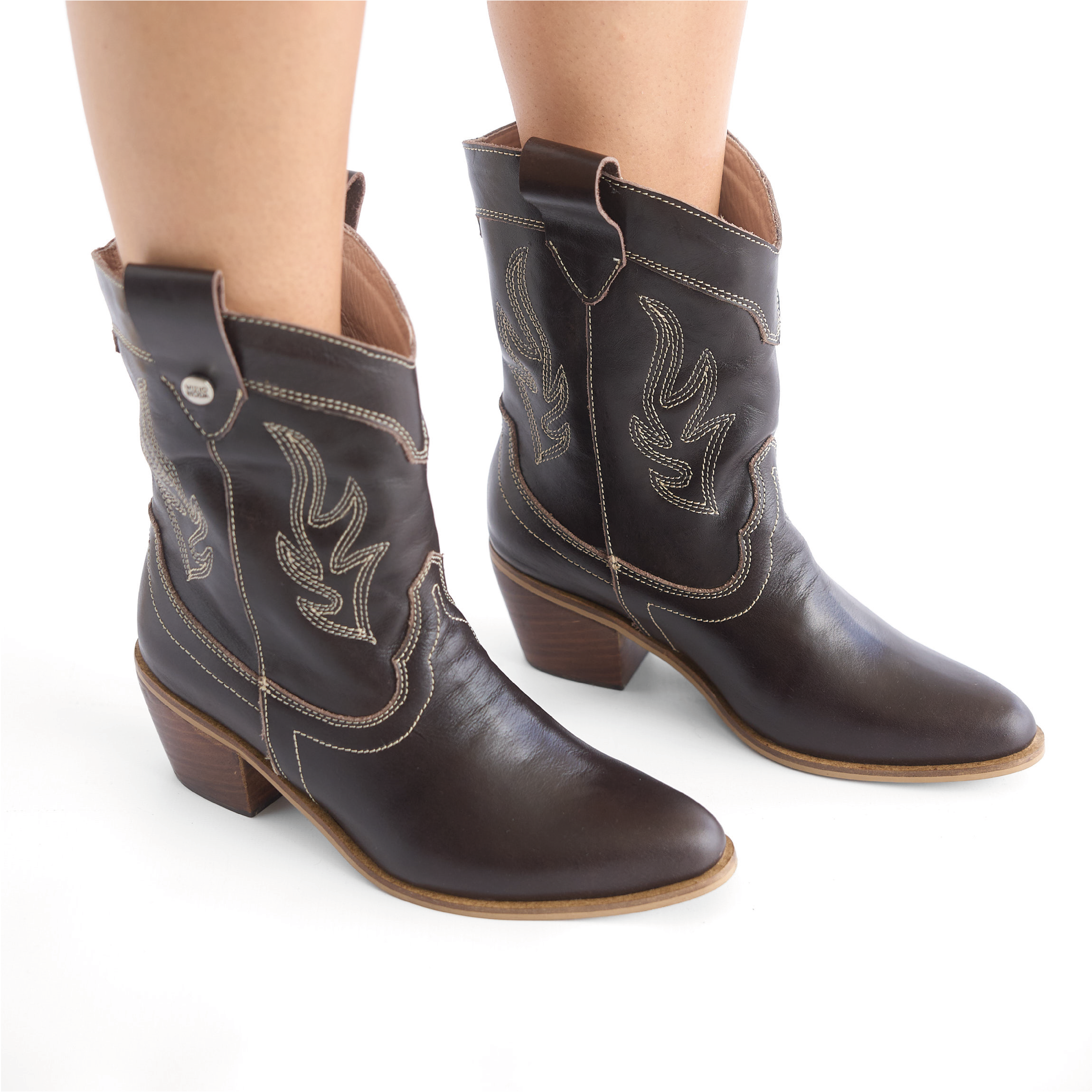 Botas Texanas de Cuero Café Caña Corta para Mujer