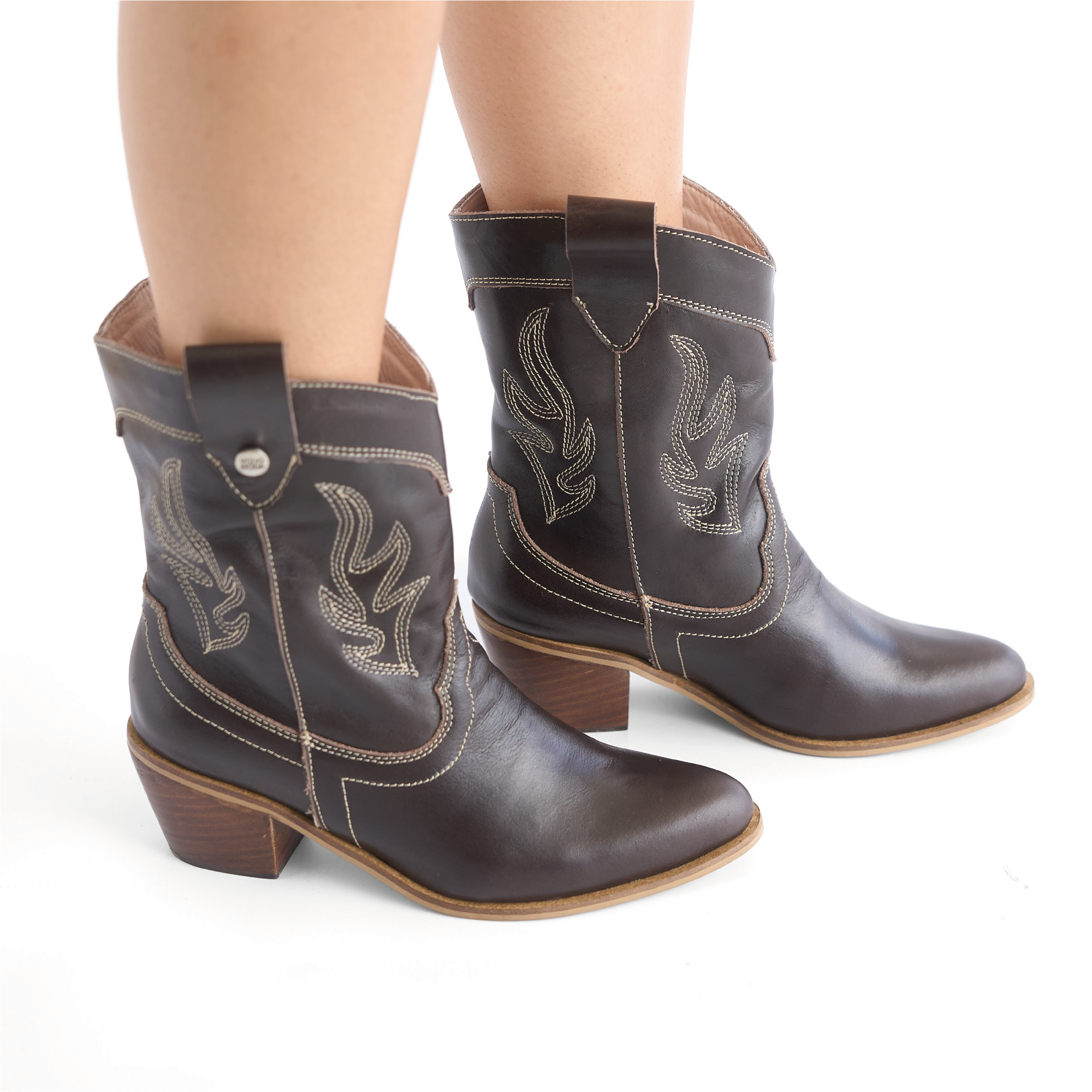 Botas Texanas de Cuero Café Caña Corta para Mujer