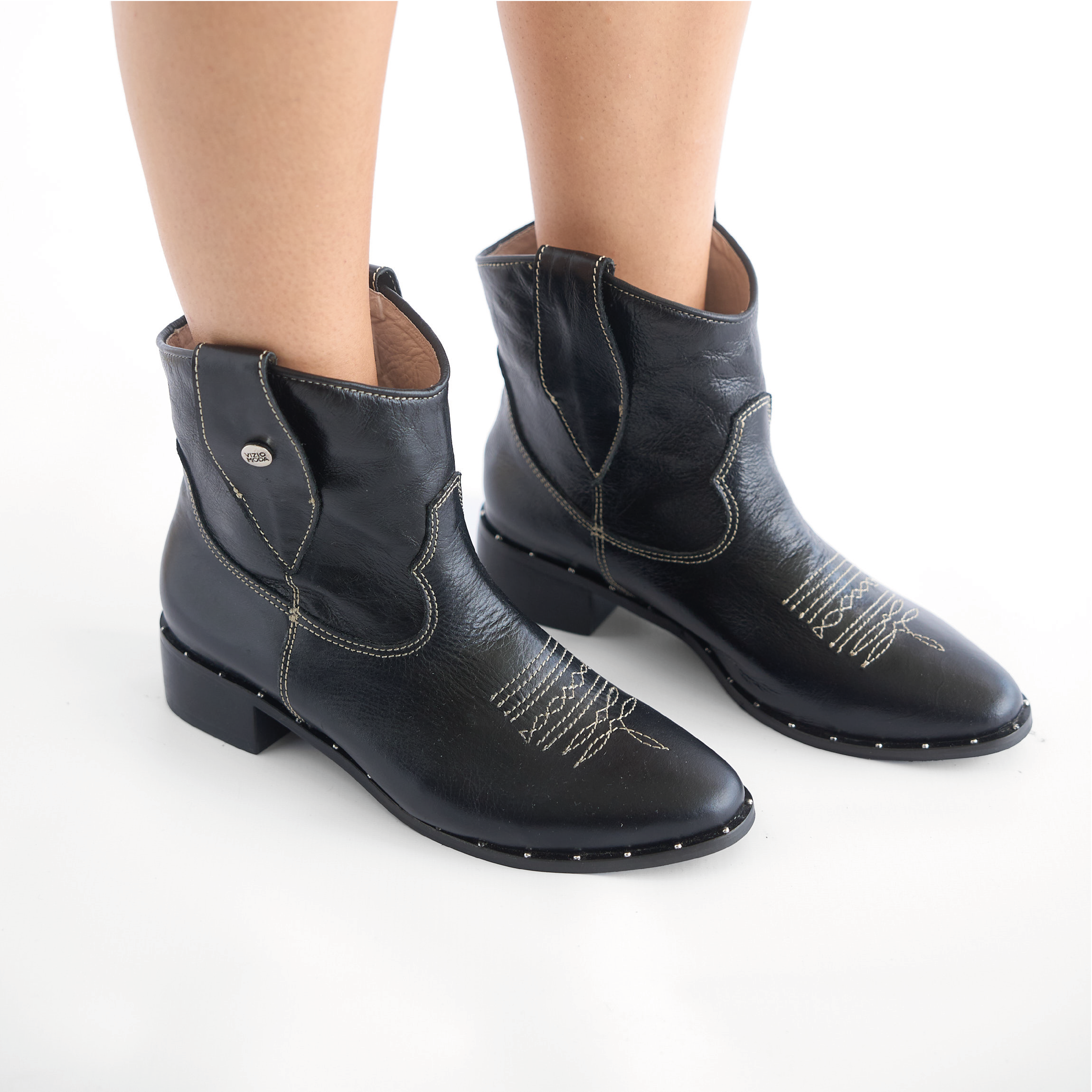 Botines Texanos de Cuero Negro Vizio Moda